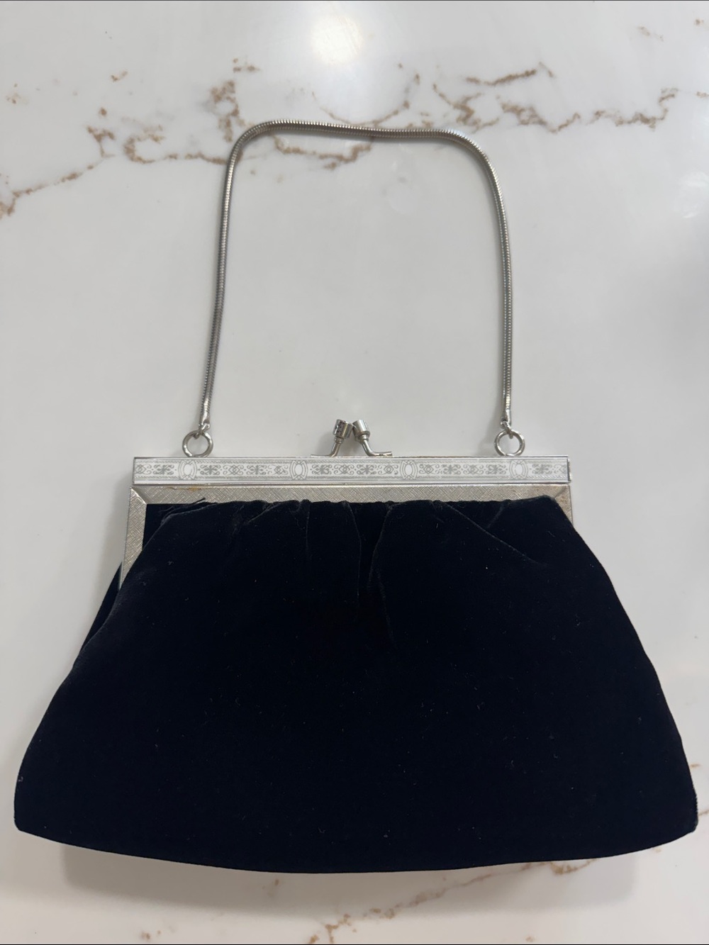 Vintage Black Velvet Evening Handbag with Silver Frame